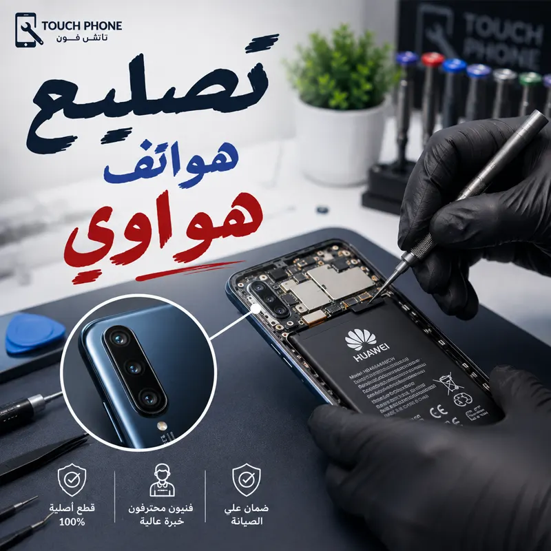 تصليح هواتف هواوي في الكويت - تاتش فون فني يفحص هاتف هواوي داخل ورشة تاتش فون لتصليح هواتف Huawei في الكويت