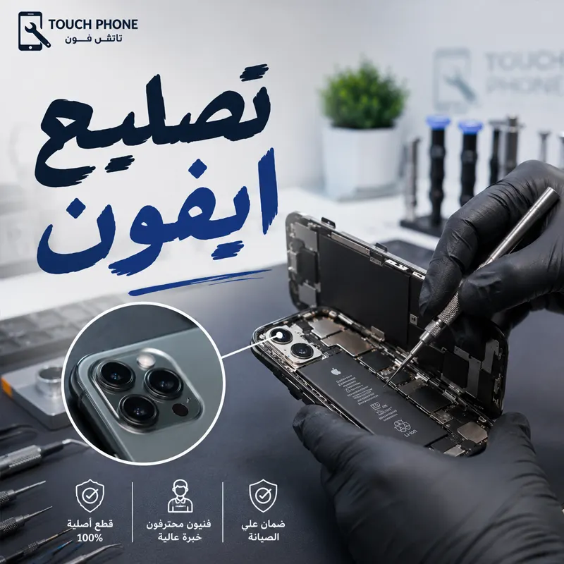 فني يفحص هاتف ايفون داخل ورشة تاتش فون لخدمة تصليح ايفون في الكويت