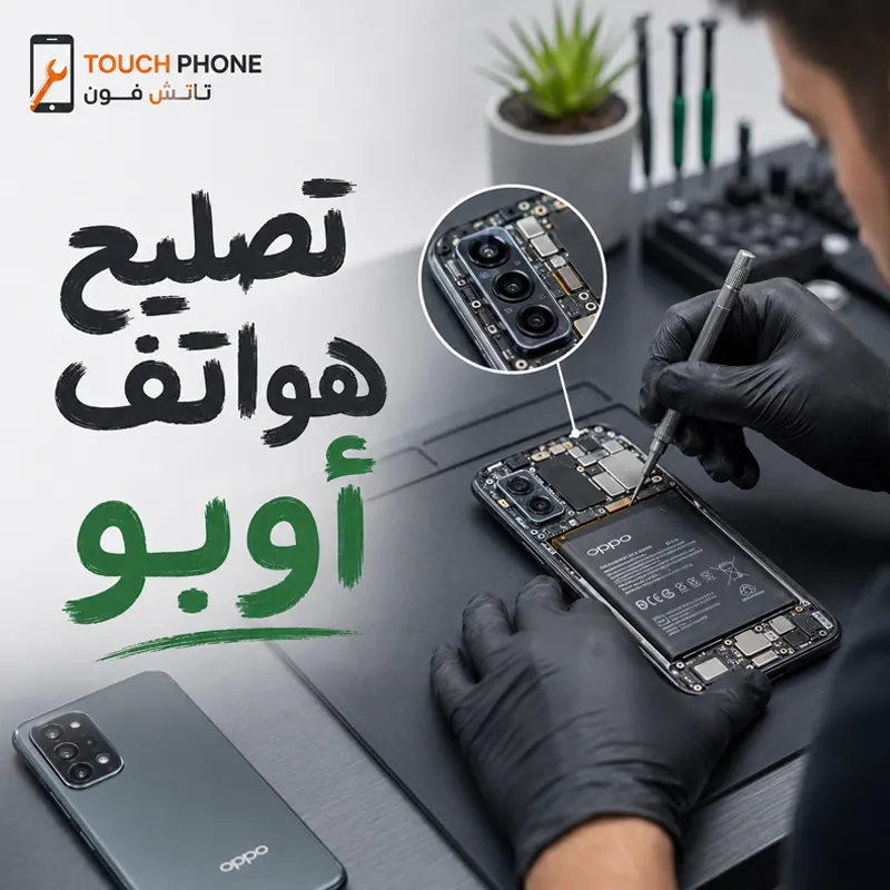 تصليح هواتف أوبو في الكويت - تاتش فون فني يفحص هاتف أوبو داخل ورشة تاتش فون لخدمة تصليح هواتف OPPO في الكويت
