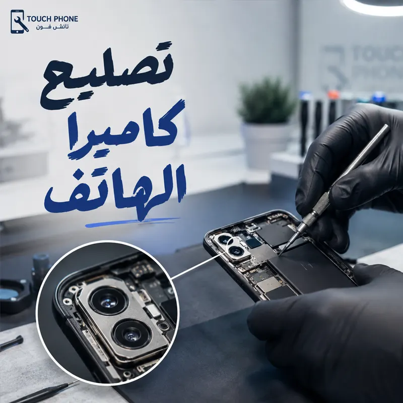 فني يفحص كاميرا هاتف محمول داخل ورشة تاتش فون في الكويت