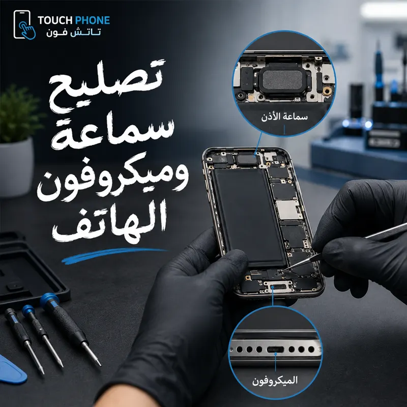 تصليح سماعة وميكروفون الهاتف في الكويت - تاتش فون فني يفحص سماعة وميكروفون هاتف محمول داخل ورشة تاتش فون في الكويت
