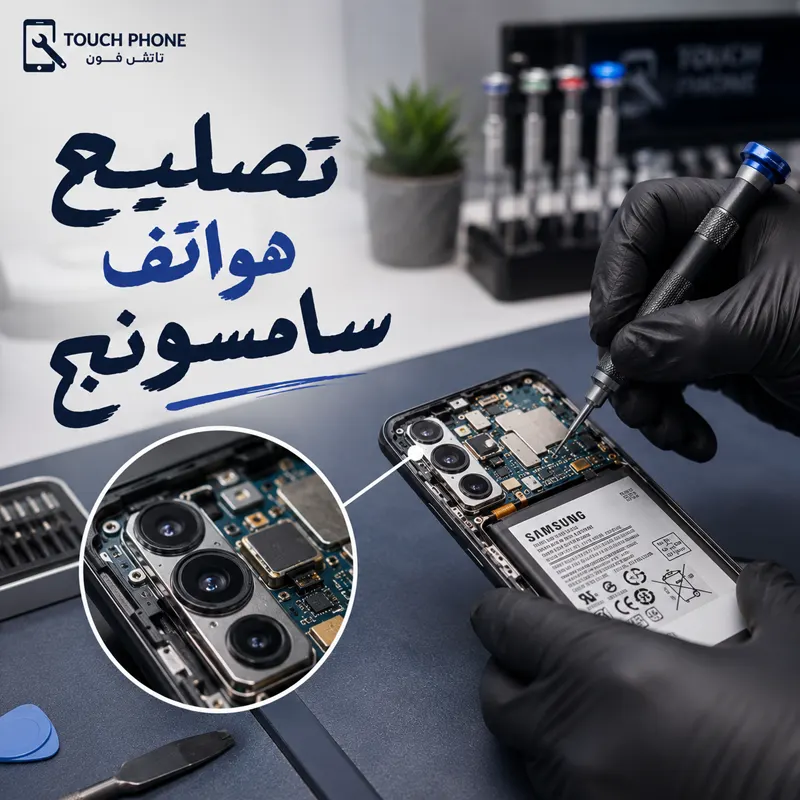 تصليح هواتف سامسونج في الكويت - تاتش فون فني يفحص هاتف سامسونج جالكسي داخل ورشة تاتش فون لتصليح هواتف Samsung في الكويت