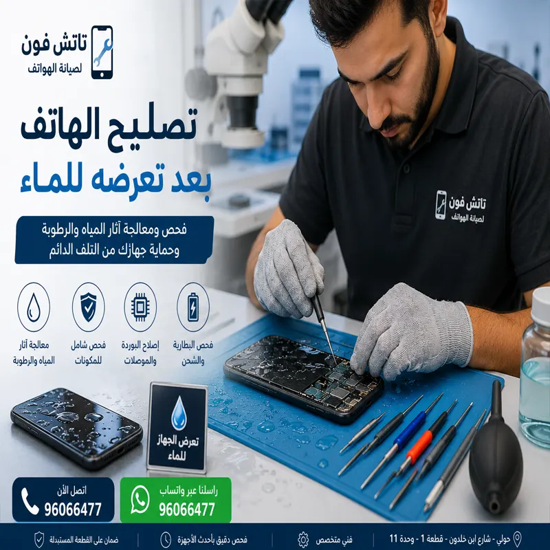 فني يفحص هاتفا تعرض للماء والرطوبة داخل ورشة تاتش فون في الكويت