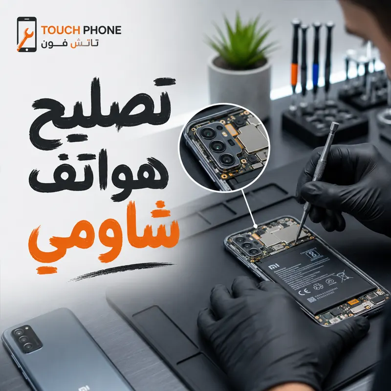 تصليح هواتف شاومي في الكويت - تاتش فون فني يفحص هاتف شاومي داخل ورشة تاتش فون لصيانة هواتف Xiaomi وRedmi وPOCO في الكويت